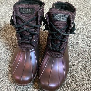 Purple sperry duck boots